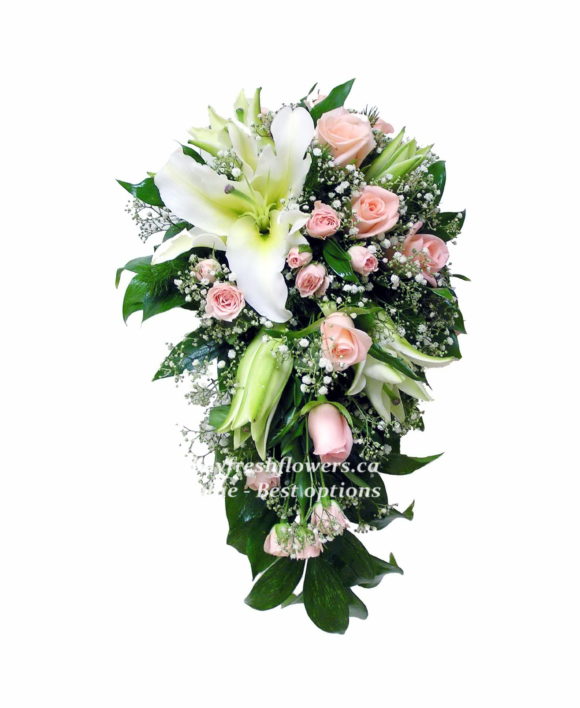 wedding bouquet of bush roses and lilies with greens and gypsophila