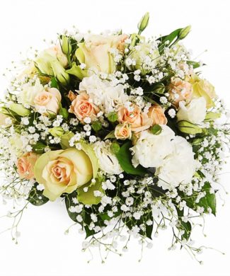 bouquet of white and cream roses, gypsophila and eustoma