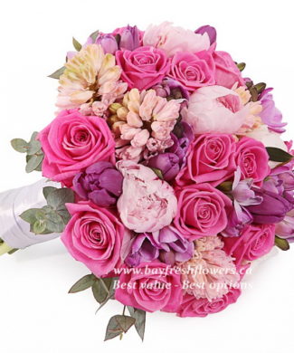 bouquet for wedding of pink roses, tulips and peony