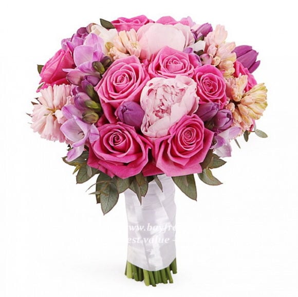 bouquet for wedding of pink roses, tulips and peony